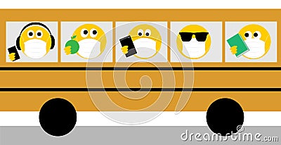 Coronavirus, covid 19, social distancing, emoji wearing face masks on yellow bus. Wear a face mask text Stock Photo