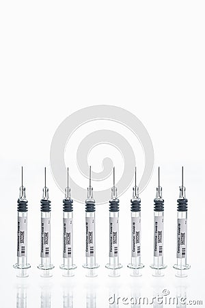 Coronavirus covid-19 syringe module for vaccine islolate on white background Stock Photo