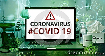 Coronavirus or Covid-19 text on laptop background concept. Mockup deskphone with facial masks and Alcohol Hand Sanitizer on worki Stock Photo
