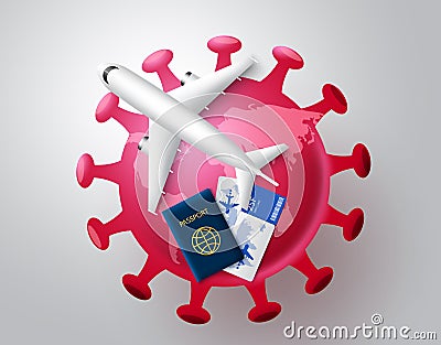 Coronavirus covid-19 travel flight cancellation vector concept. Red corona virus covid-19 globe. Vector Illustration