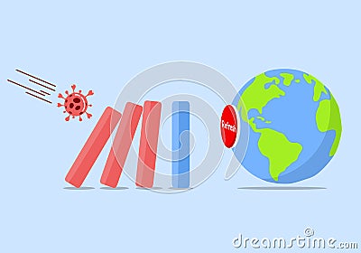 Coronavirus crash bar graph and collapses like a domino to press refresh button of the world. Vector Illustration