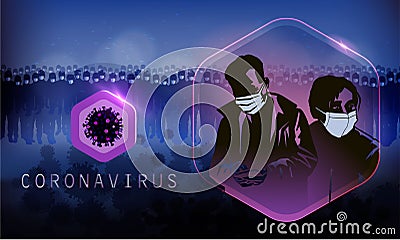 Coronavirus, dark poster with coronavirus molecules logo with silhouette of crowd people in respirators on horizon and infection Stock Photo