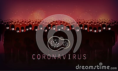 Coronavirus, dark poster with coronavirus molecules logo, warning sign with silhouette of crowd people in respirators on horizon Stock Photo