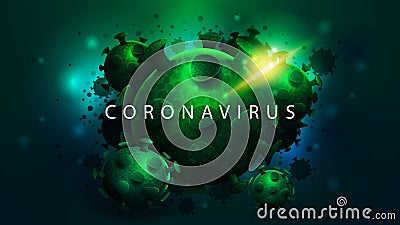 Coronavirus, dark poster with large green coronavirus molecules Stock Photo