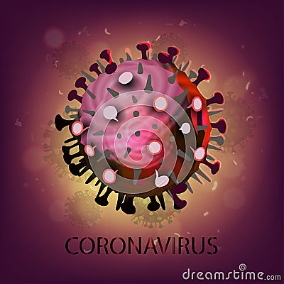 Coronavirus, dark poster with large red coronavirus molecule on abstract red background. Coronavirus Outbreak, Alert concept. The Stock Photo