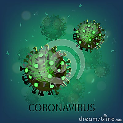 Coronavirus, dark poster with two large green coronavirus molecules on abstract green background. Coronavirus Outbreak, Alert Stock Photo