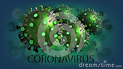 Coronavirus, dark poster with two large green coronavirus molecules on abstract green background. Coronavirus Outbreak Vector Illustration