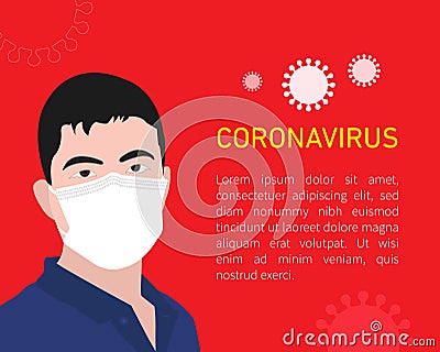 CoronaVirus Deadly Warning. Empty place for information. Black silhouette of man in white medical mask. Bacteria, viruses fly Cartoon Illustration