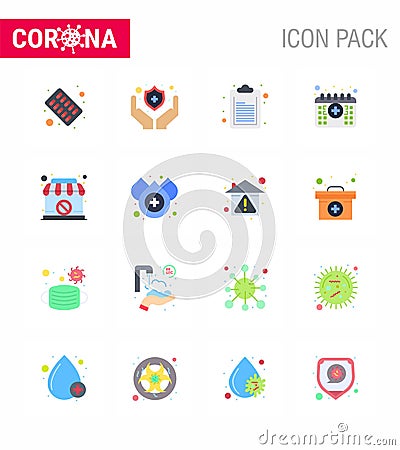 16 Flat Color viral Virus corona icon pack such as banned, shop, document, closed, medical Vector Illustration