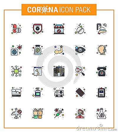 Covid-19 Protection CoronaVirus Pendamic 25 Flat Color Filled Line icon set such as hands, twenty seconds, shop, care, pills Vector Illustration