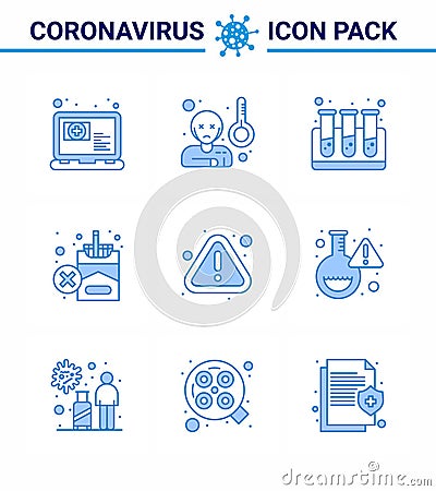 25 Coronavirus Emergency Iconset Blue Design such as warning, error, blood, cigarette, no Vector Illustration