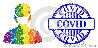 Grunge Covid Watermark and Rainbow Coronavirus Face Mask Mosaic Icon of Spheric Dots Vector Illustration