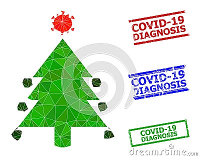 Coronavirus Fir-Tree Polygonal Icon and Scratched Covid-19 Diagnosis Simple Stamp Seals Vector Illustration