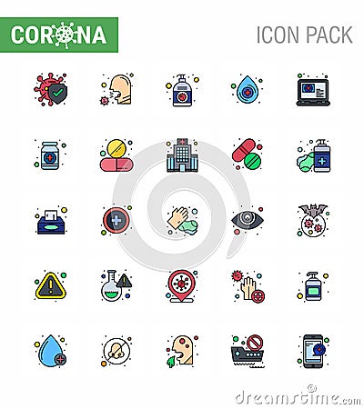 CORONAVIRUS 25 Flat Color Filled Line Icon set on the theme of Corona epidemic contains icons such as medical, blood, sick, hand Vector Illustration