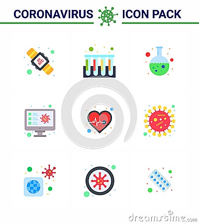 CORONAVIRUS 9 Flat Color Icon set on the theme of Corona epidemic contains icons such as beat, virus, test, scan, computer Vector Illustration