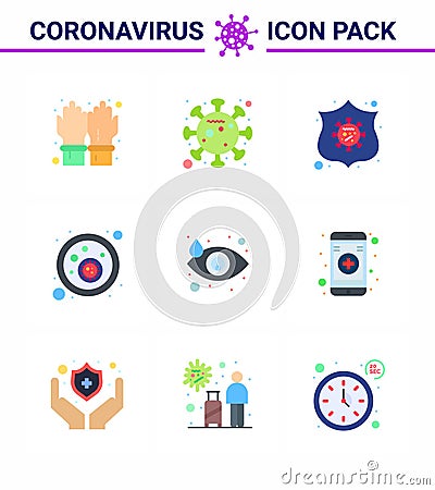 CORONAVIRUS 9 Flat Color Icon set on the theme of Corona epidemic contains icons such as drop, virus, protection, covid, blood Vector Illustration