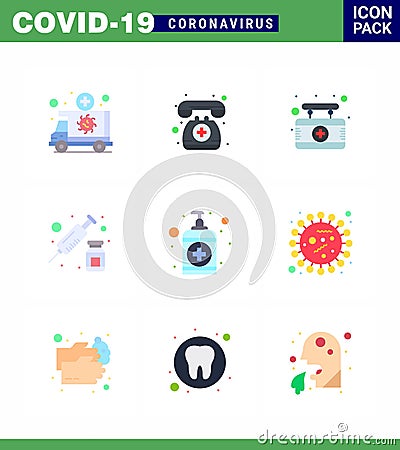 CORONAVIRUS 9 Flat Color Icon set on the theme of Corona epidemic contains icons such as hand, syringe, emergency, injection, sign Vector Illustration