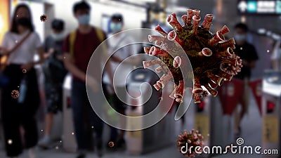 Coronavirus floating on air while people wearing surgical mask in subway Stock Photo