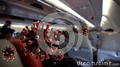 Coronavirus floating at interior airplane passengers wearing surgical mask Stock Photo