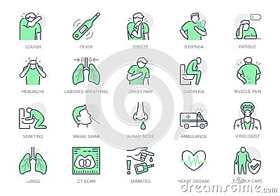Coronavirus, flu virus symptoms line icons. Vector illustration included icon as cough, fever, lung ct scan, headache Vector Illustration