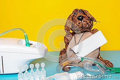 Coronavirus. Funny dog with a empty tag a medical face mask or nebulizer for treatment of the respiratory tract, further ampoules Stock Photo