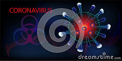 Coronavirus on a futuristic background. A deadly type of virus causes severe SARS disease Severe Acute Respiratory Syndrome. Vector Illustration