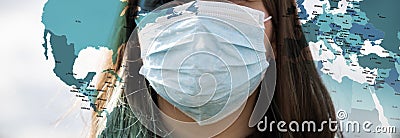 coronavirus global fight -woman wearing surgical mask and world map Stock Photo
