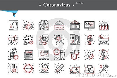 Coronavirus icon set thin line gray and red isolated on a white background. Vector Illustration