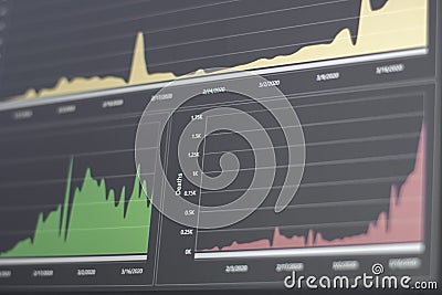 Coronavirus infections visualization shown in a graphical dashboard. Pandemic curve infectious diseases. Confirmed, deaths and Stock Photo