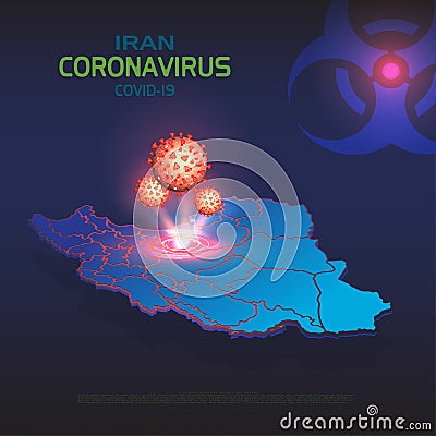 Coronavirus in Iran. Isometric map of Iran with regions country. Hologram 3D molecules of coronavirus bacteria COVID-20 Stock Photo