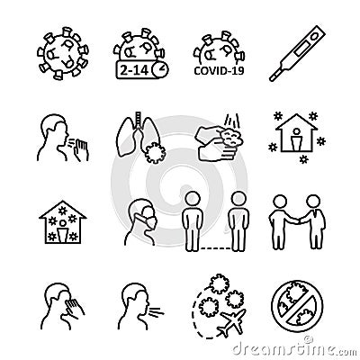 Coronavirus line icon set. Prevention, transmition, advice ant other. Covid-19 virus icon set. Vector. Vector Illustration