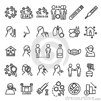 Coronavirus line icon set. Prevention, transmition, advice, treatment and other. Covid-19 virus icon set. Vector. Vector Illustration