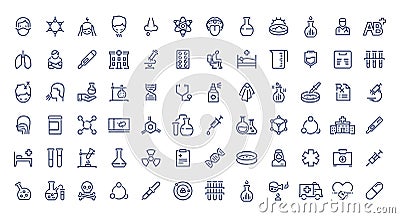 Coronavirus line icons. Contour signs of virus symptoms, diseases treatment and medical laboratory research. Covid-19 Vector Illustration