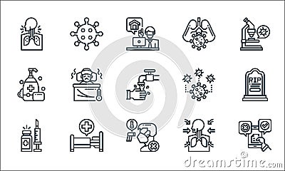 coronavirus line icons. linear set. quality vector line set such as fake news, infected, vaccine, sore throat, hospital bed, soap Vector Illustration