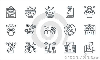 coronavirus line icons. linear set. quality vector line set such as medical book, medicine, sick, hospital, eye, sore throat, Vector Illustration