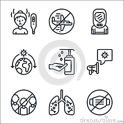 coronavirus line icons. linear set. quality vector line set such as medical mask, respiratory system, group, news report, hand Vector Illustration