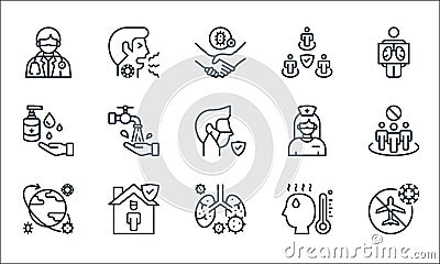 coronavirus line icons. linear set. quality vector line set such as no flight, pneumonia, pandemic, fever, stay home, hand Vector Illustration