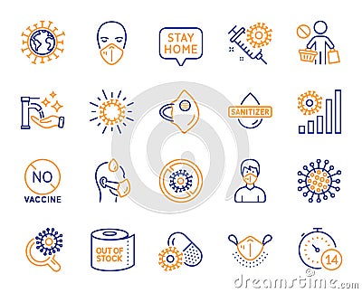 Coronavirus line icons. Medical protective mask, hands sanitizer, no vaccine. Covid-19 pandemic. Vector Vector Illustration