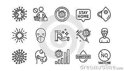 Coronavirus line icons set. Hands sanitizer, medical protective mask, no vaccine. Covid-19 pandemic. Vector Vector Illustration