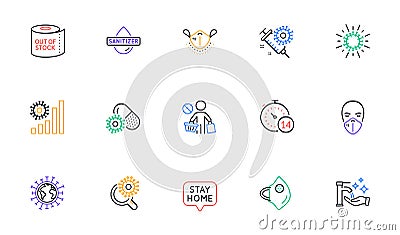 Coronavirus line icons set. Medical protective mask, hands sanitizer, no vaccine. Covid-19 pandemic. Vector Vector Illustration