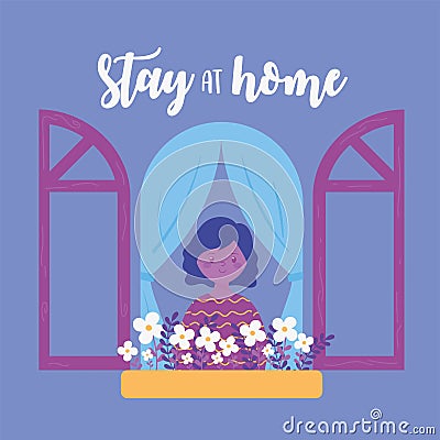 Coronavirus messages, stay at home, girl looking window with flowers Vector Illustration