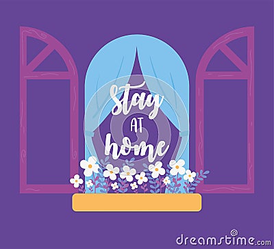 Coronavirus messages, stay at home, window with flowers Vector Illustration