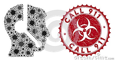 Coronavirus Mosaic Call Center Operator Icon with Grunge Call 911 Stamp Vector Illustration