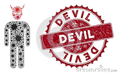 Coronavirus Mosaic Daemon Icon with Grunge Devil Stamp Vector Illustration