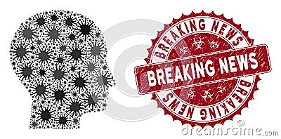 Coronavirus Mosaic Human Head Icon with Scratched Breaking News Stamp Vector Illustration