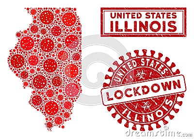 Mosaic Illinois State Map and Scratched Lockdown Stamps Stock Photo