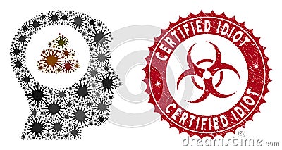 Coronavirus Collage Shit Idea Head Icon with Scratched Certified Idiot Stamp Vector Illustration