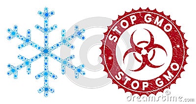 Coronavirus Mosaic Snowflake Icon with Scratched Stop GMO Stamp Vector Illustration