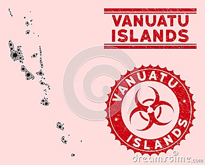 Coronavirus Mosaic Vanuatu Islands Map with Textured Biohazard Stamps Vector Illustration