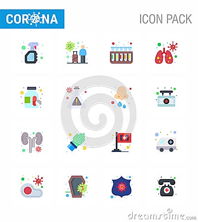 16 Flat Color Corona Virus pandemic vector illustrations drugs, infedted, travel, anatomy, tubes Vector Illustration